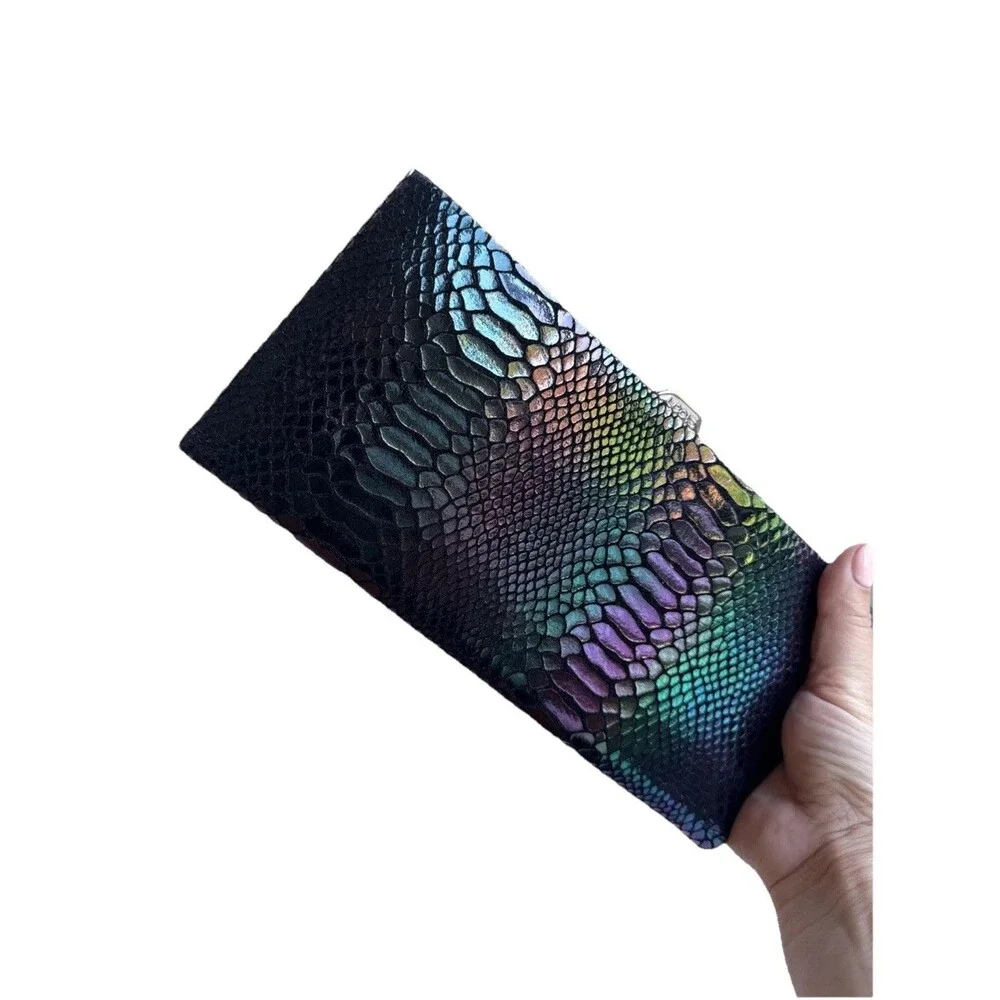 LODIS Palm Springs Multi Color Leather Framed Wallet Clutch 10” Snake Embossed